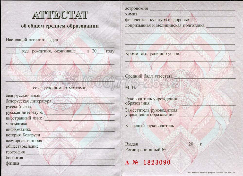 Аттестат о полном среднем образовании Беларуси Гознак 2000-2025 год выпуска г.Кемерово