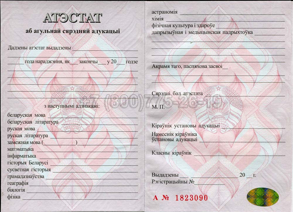 Аттестат о полном среднем образовании Беларуси Гознак 2000-2025 год выпуска г.Кемерово